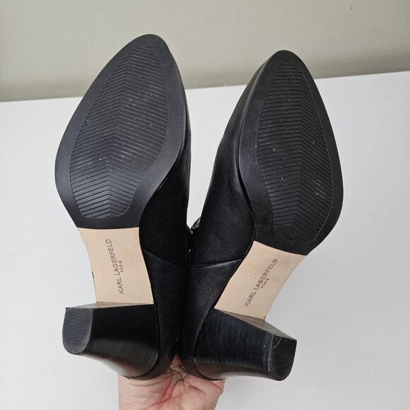 Karl Lagerfield Province Leather Trimmed Heeled Booties 8.5 Black Boot - Picture 9 of 11